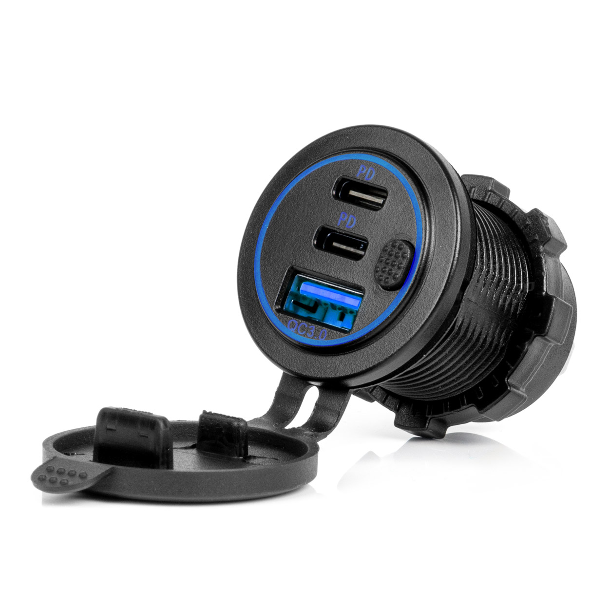 Vedenpitävä puhelinlaturi kytkimellä, sininen LED-taustavalo, USB + 2 x USB C QC3.0, 12/24 V