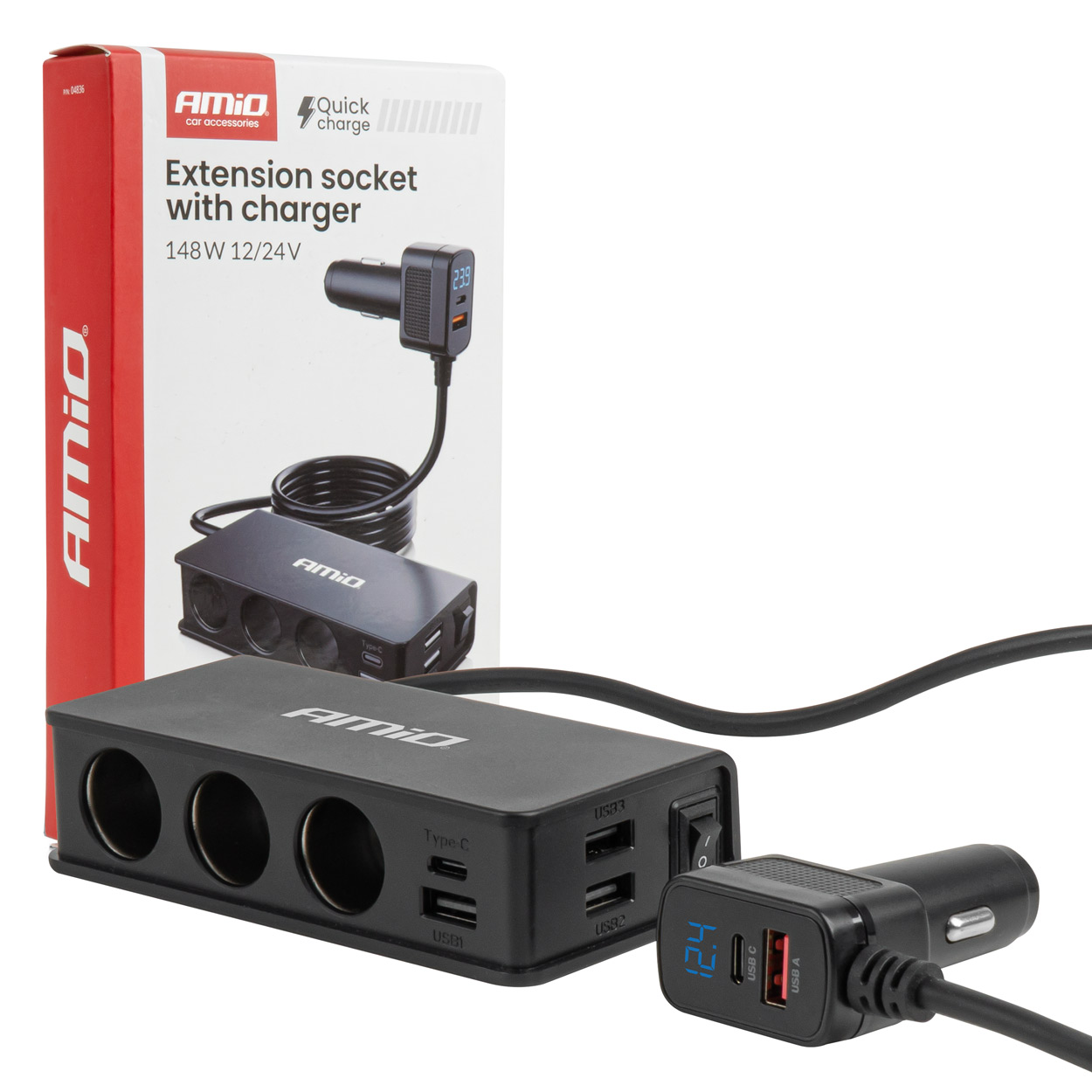 Savukkeensytytinpistorasian haaroitin ja laturi, 3 × USB-A, USB-C, QC3.0 PD3.0, 148 W, AMIO-04836