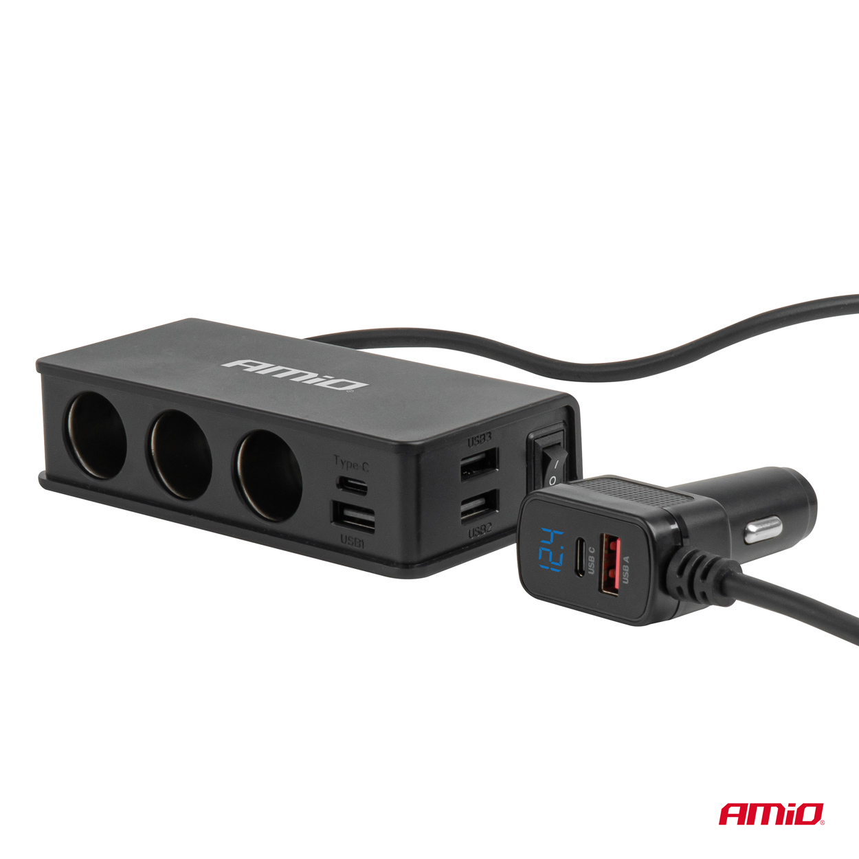 Savukkeensytytinpistorasian haaroitin ja laturi, 3 × USB-A, USB-C, QC3.0 PD3.0, 148 W, AMIO-04836