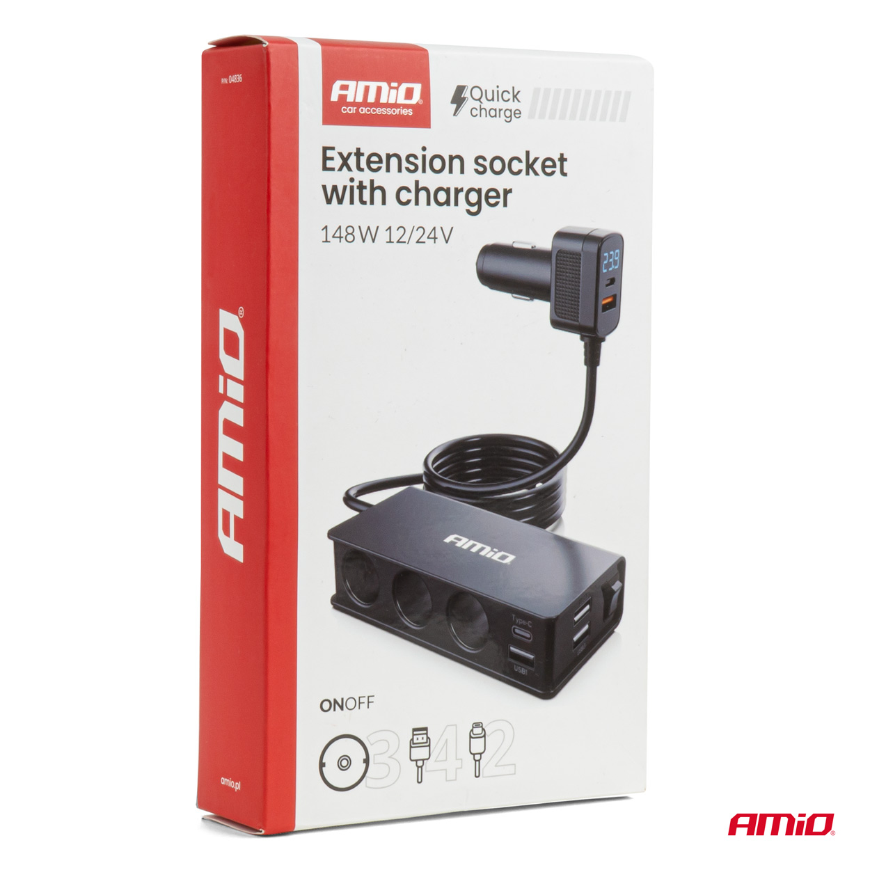 Savukkeensytytinpistorasian haaroitin ja laturi, 3 × USB-A, USB-C, QC3.0 PD3.0, 148 W, AMIO-04836