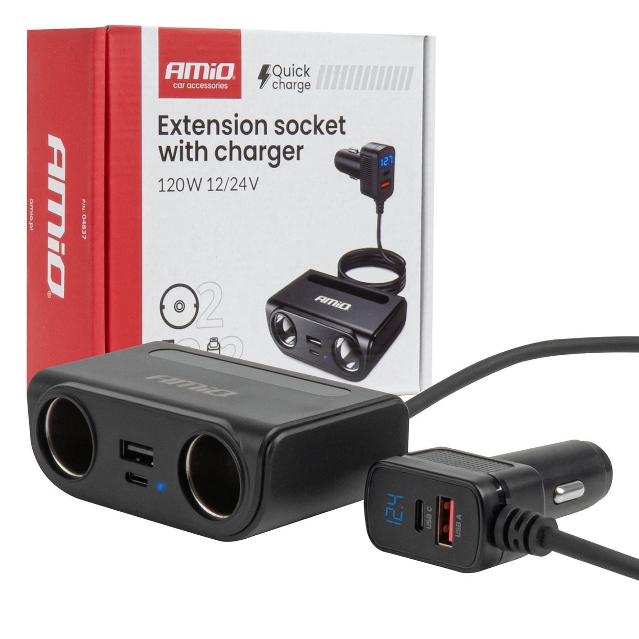 Savukkeensytytinpistorasian haaroitin ja laturi, USB-C, USB-A, QC3.0 PD3.0, 120 W, AMIO-04837