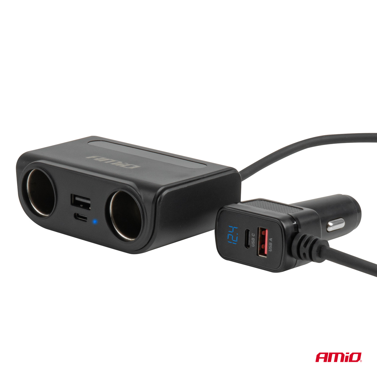 Savukkeensytytinpistorasian haaroitin ja laturi, USB-C, USB-A, QC3.0 PD3.0, 120 W, AMIO-04837