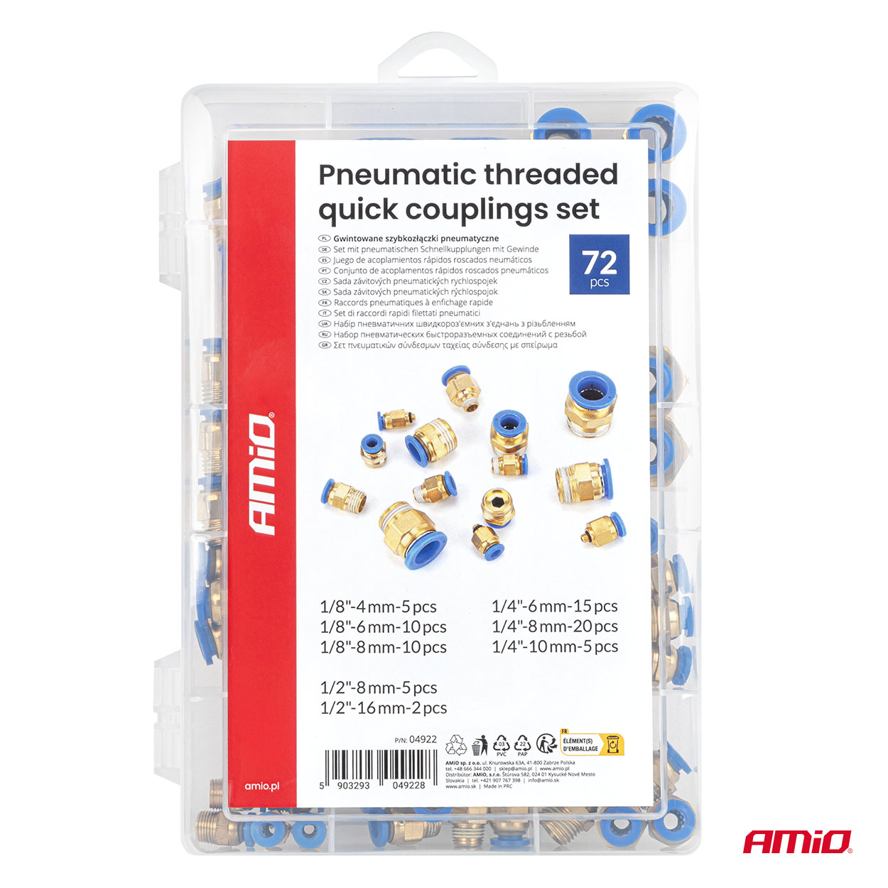 Kierteellinen paineilmapikaliitinsarja, 4–16 mm, 72 osaa, AMIO-04922