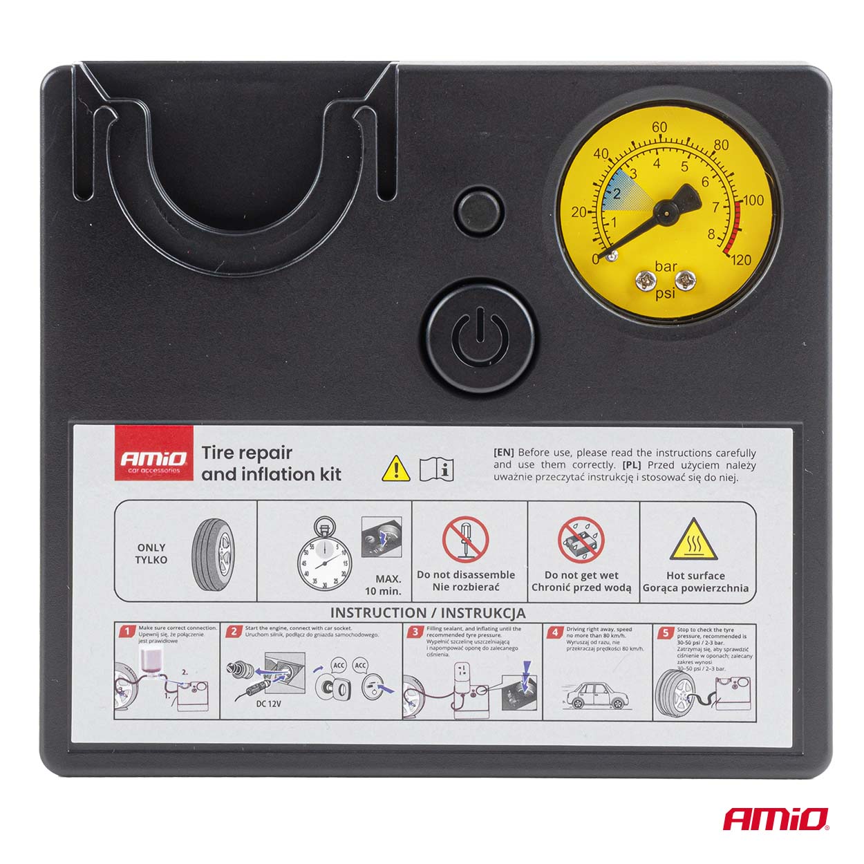 Renkaan korjaus- ja täyttösarja 12 V, kompressorin sylinterin halkaisija 19 mm, AMIO-04929