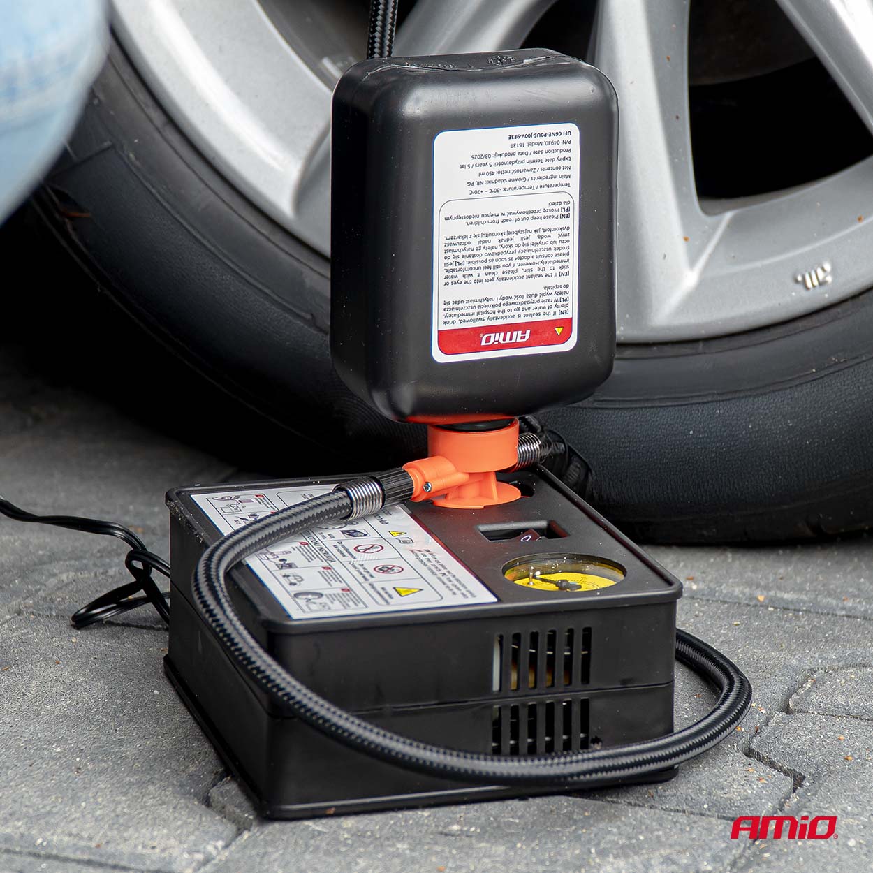 Renkaan korjaus- ja täyttösarja 12 V, kompressorin sylinterin halkaisija 31 mm, AMIO-04930