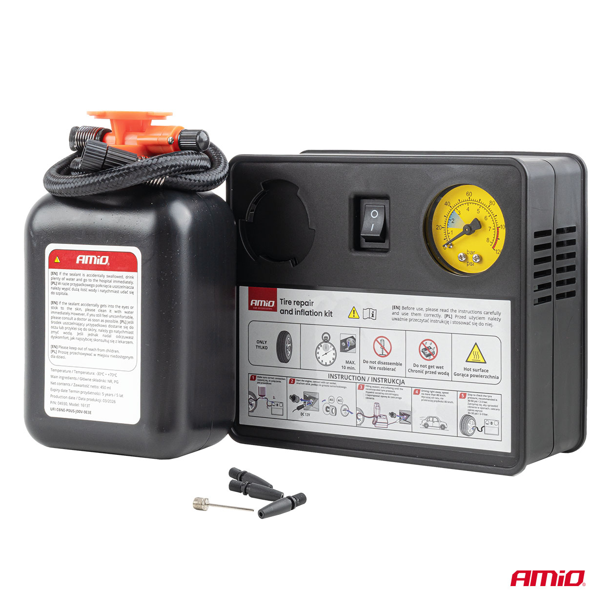 Renkaan korjaus- ja täyttösarja 12 V, kompressorin sylinterin halkaisija 31 mm, AMIO-04930