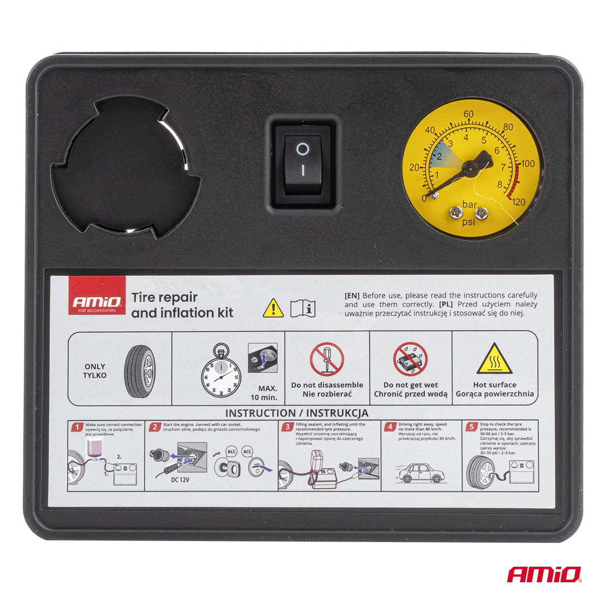 Renkaan korjaus- ja täyttösarja 12 V, kompressorin sylinterin halkaisija 31 mm, AMIO-04930