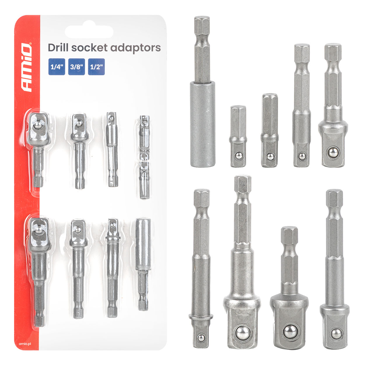 Hylsyadapterisarja porakoneeseen, 9 osaa, 1/4", 3/8", 1/2", AMIO-04931