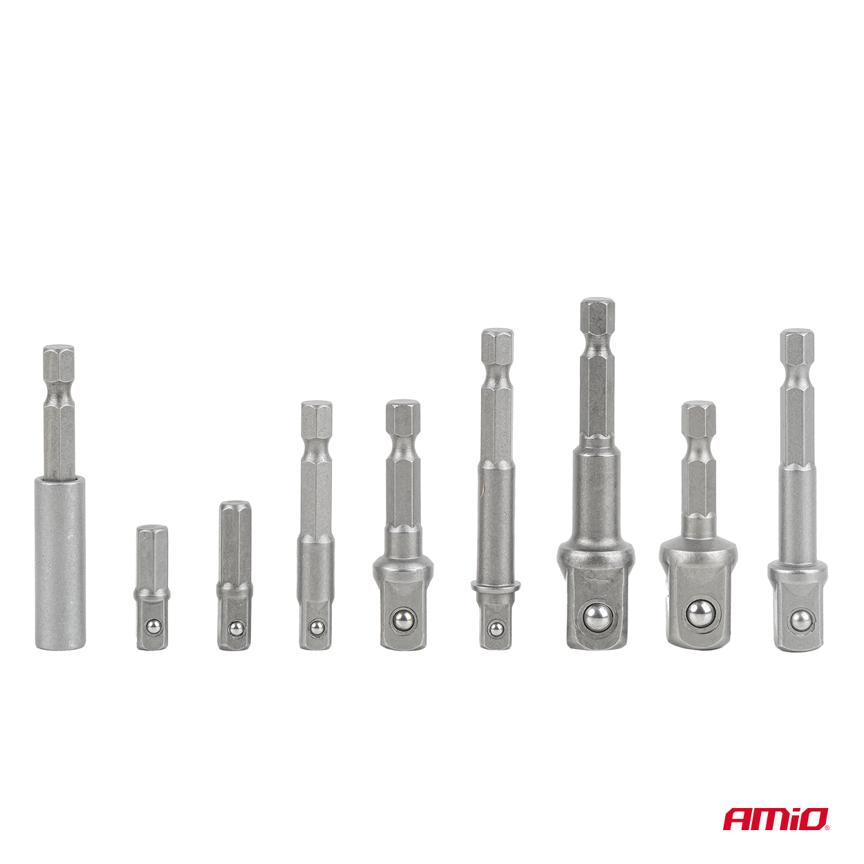 Hylsyadapterisarja porakoneeseen, 9 osaa, 1/4", 3/8", 1/2", AMIO-04931