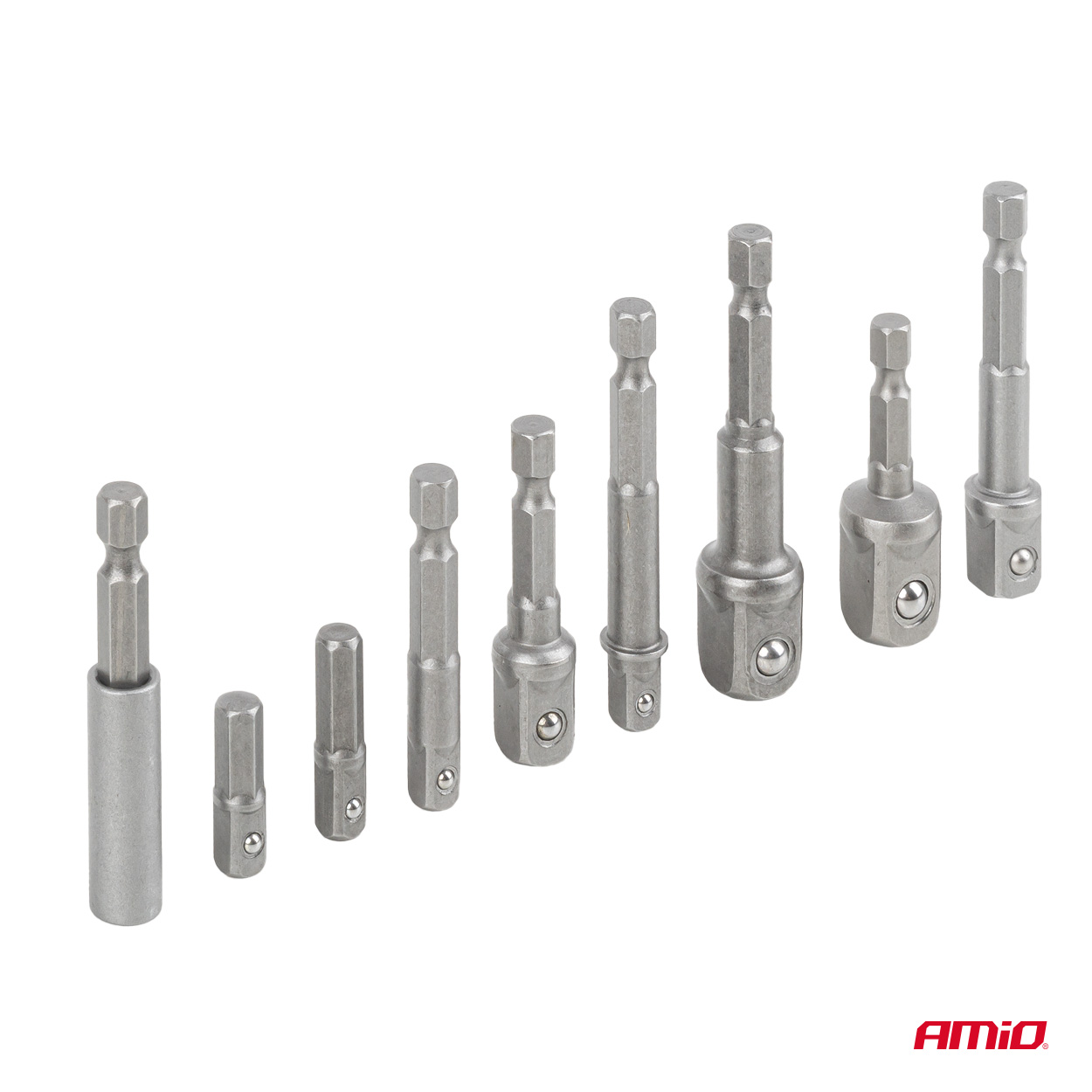Hylsyadapterisarja porakoneeseen, 9 osaa, 1/4", 3/8", 1/2", AMIO-04931