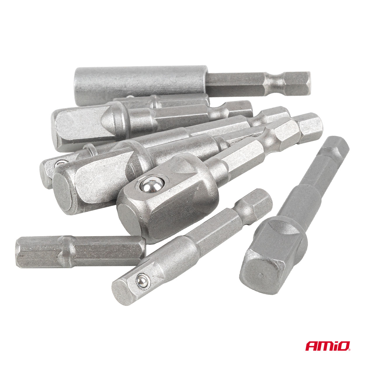 Hylsyadapterisarja porakoneeseen, 9 osaa, 1/4", 3/8", 1/2", AMIO-04931