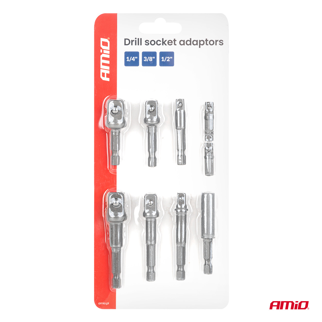 Hylsyadapterisarja porakoneeseen, 9 osaa, 1/4", 3/8", 1/2", AMIO-04931