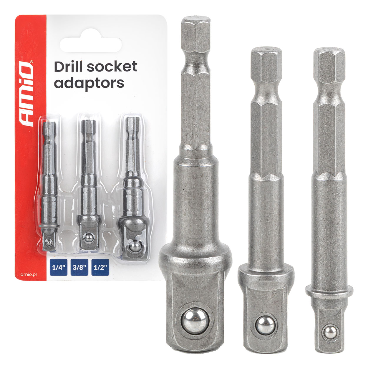 Hylsyadapterisarja, 3 osaa, 1/4", 3/8", 1/2", AMIO-04933