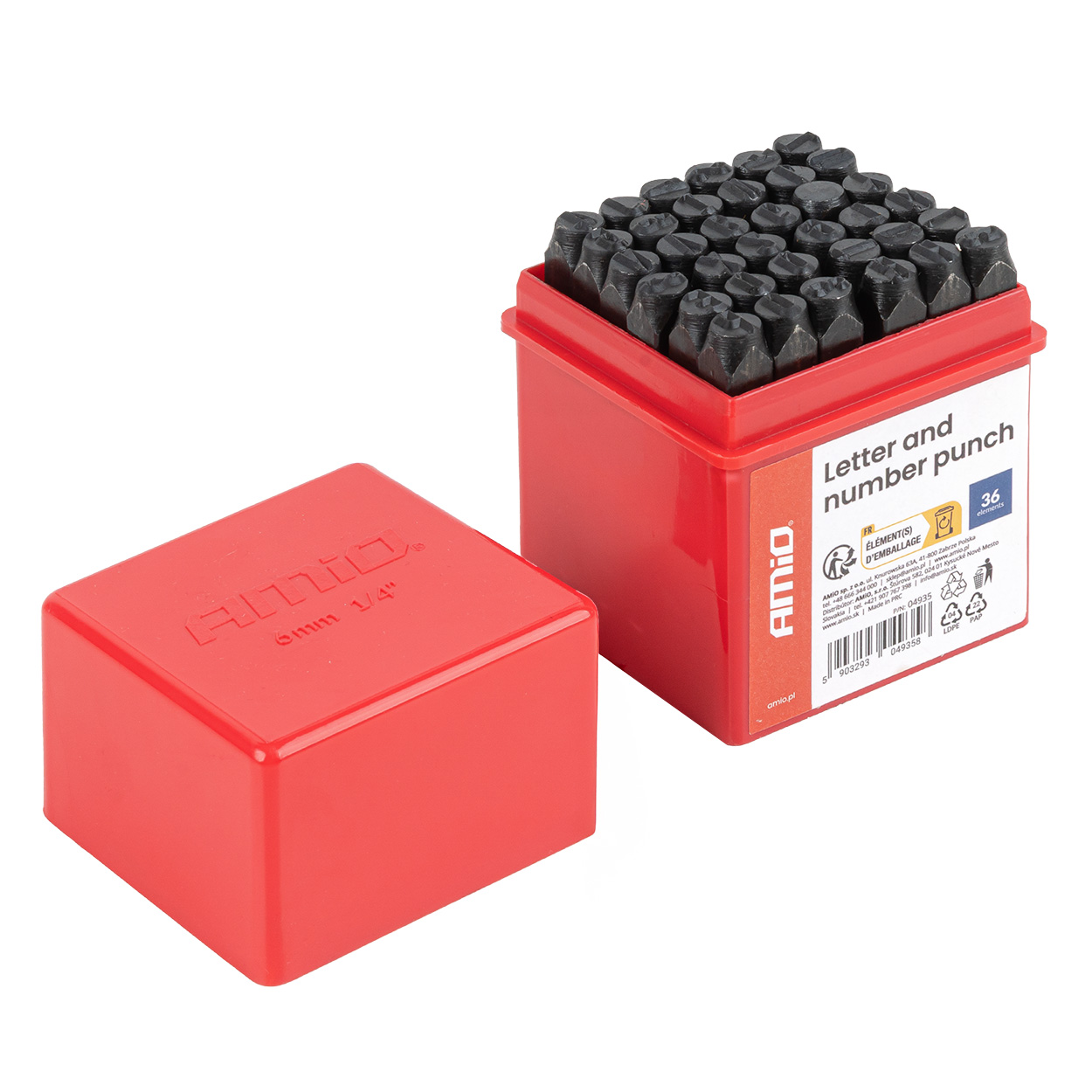 Kirjain- ja numeromeistisarja 6 mm 1/4", 36 osaa, AMIO-04935