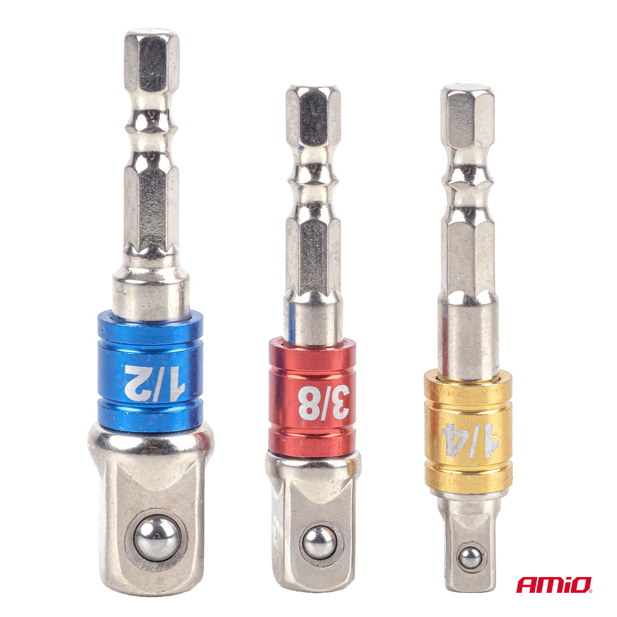 Värikoodattu hylsyadapterisarja, 3 osaa, 1/4", 3/8", 1/2", AMIO-04936