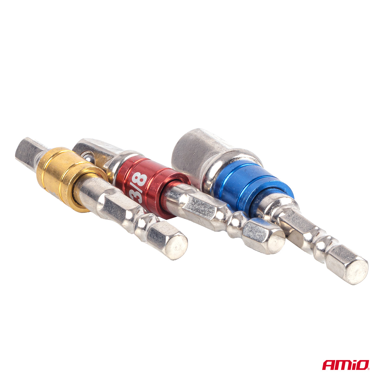 Värikoodattu hylsyadapterisarja, 3 osaa, 1/4", 3/8", 1/2", AMIO-04936
