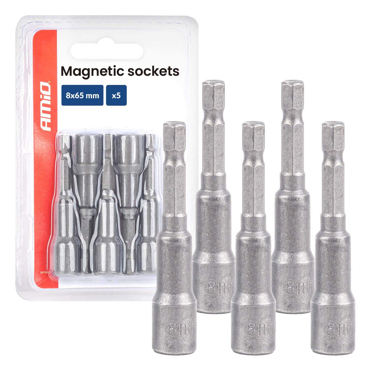 Magneettihylsyt 8 × 65 mm, 5 kpl, AMIO-04938