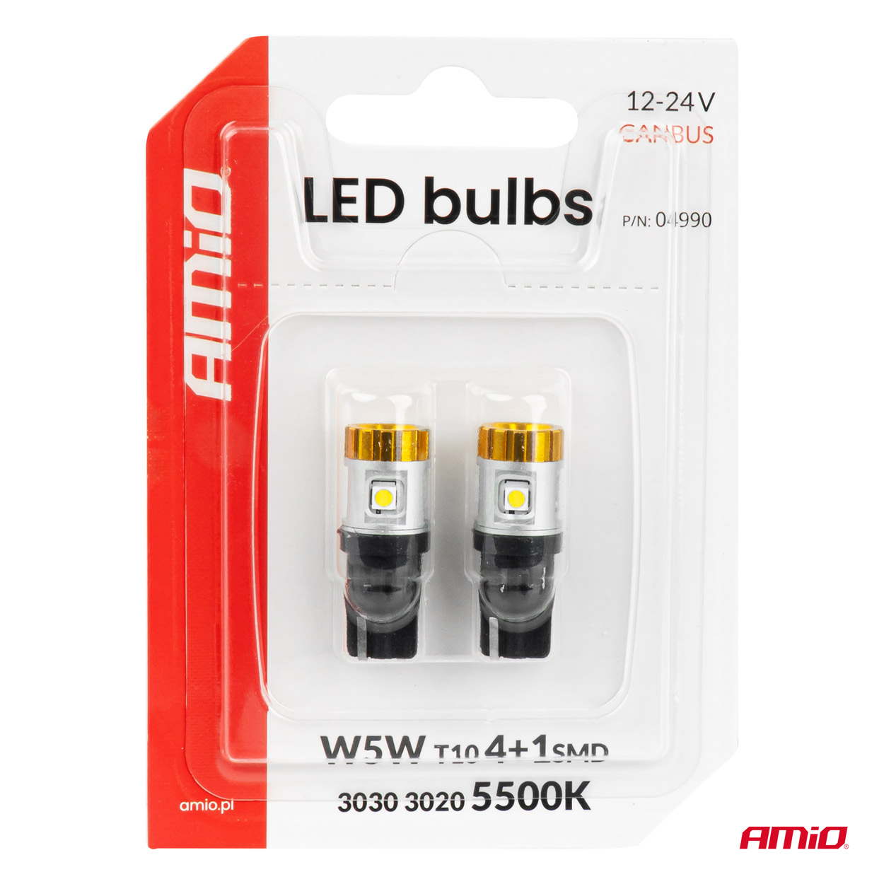 LED-polttimot CANBUS T10 3030 4SMD + 3020 1SMD valkoinen 12/24 V AMIO-04990