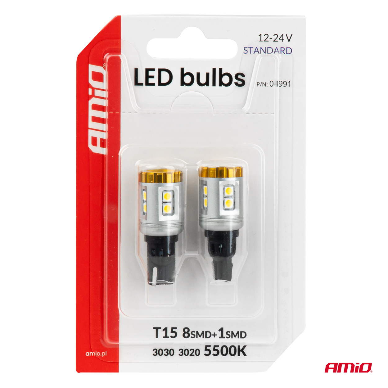 LED-polttimot STANDARD T15 3030 8SMD + 3020 1SMD valkoinen 12/24 V AMIO-04991