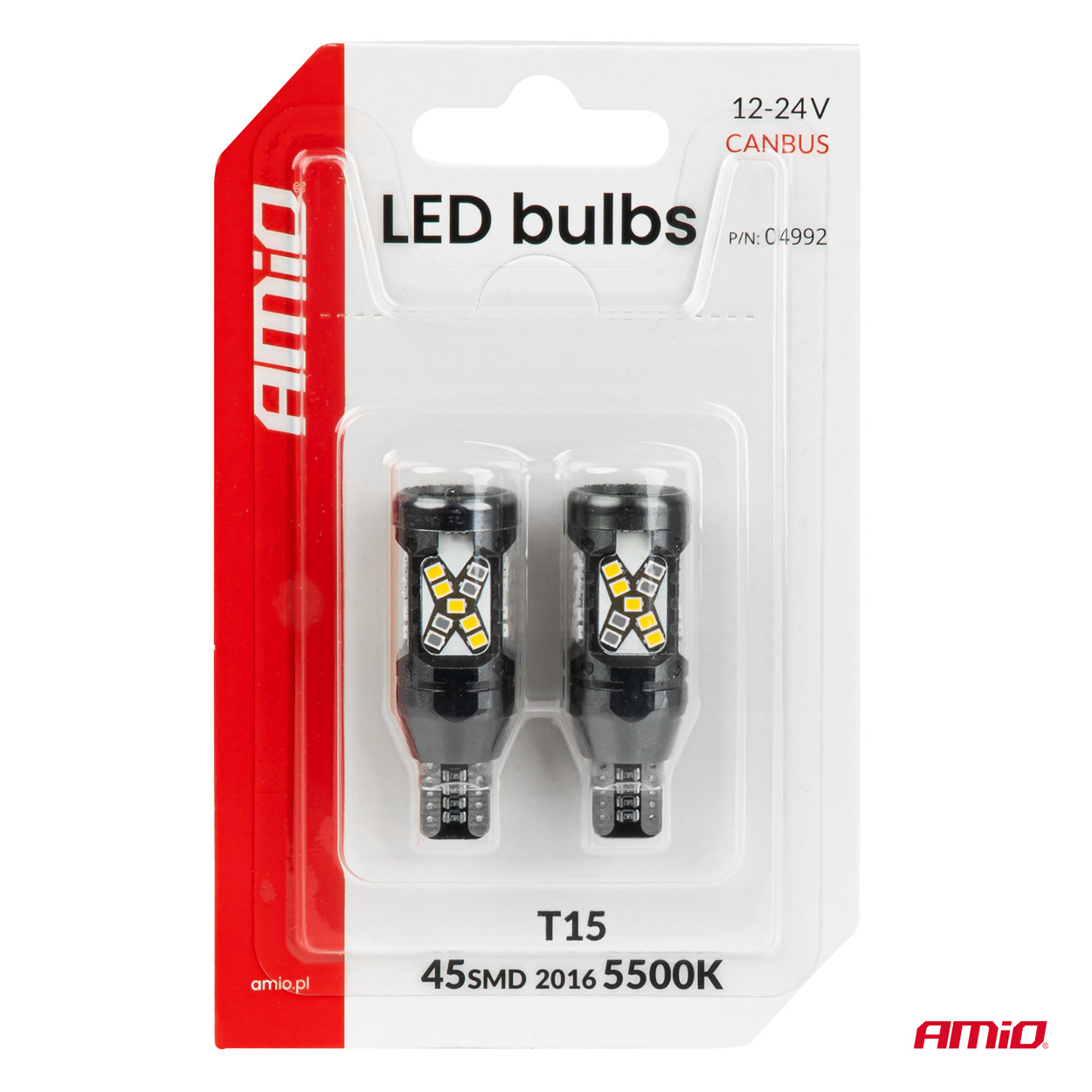 LED-polttimot CANBUS T15 2016 45SMD valkoinen 12/24 V AMIO-04992