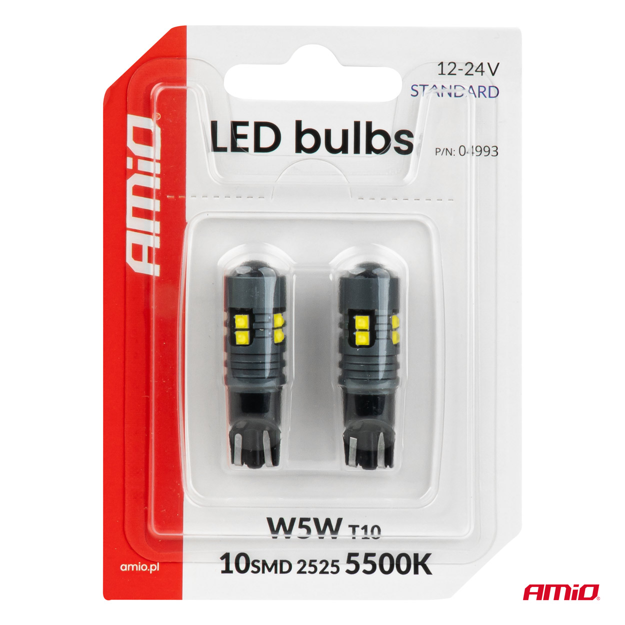 LED-polttimot STANDARD T10 2525 10SMD valkoinen 12/24 V AMIO-04993