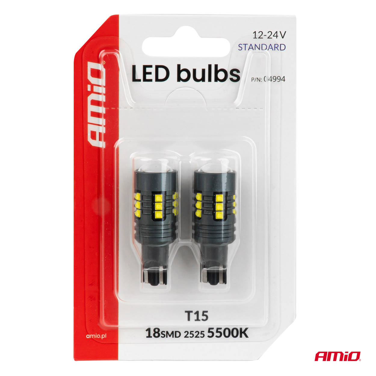 LED-polttimot STANDARD T15 2525 18SMD valkoinen 12/24 V AMIO-04994