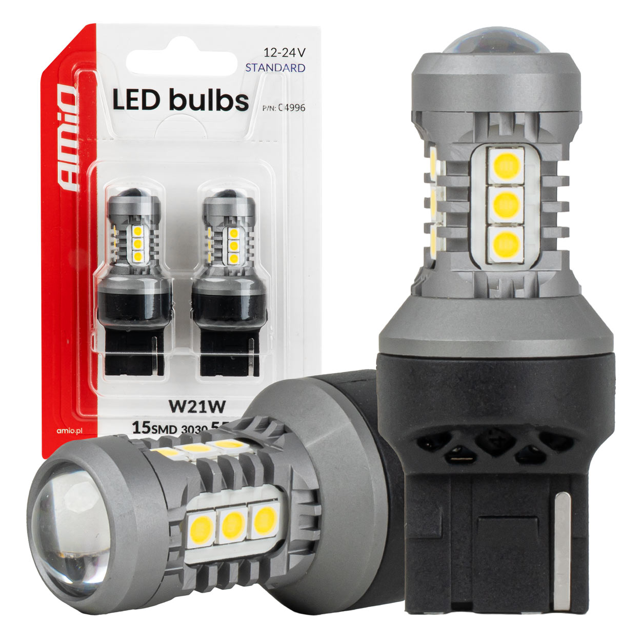 LED-polttimot STANDARD 7440 W21W 3030 15SMD valkoinen 12/24 V AMIO-04996