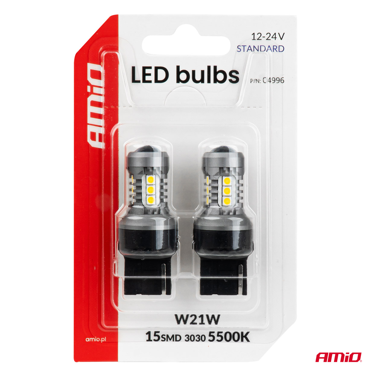 LED-polttimot STANDARD 7440 W21W 3030 15SMD valkoinen 12/24 V AMIO-04996