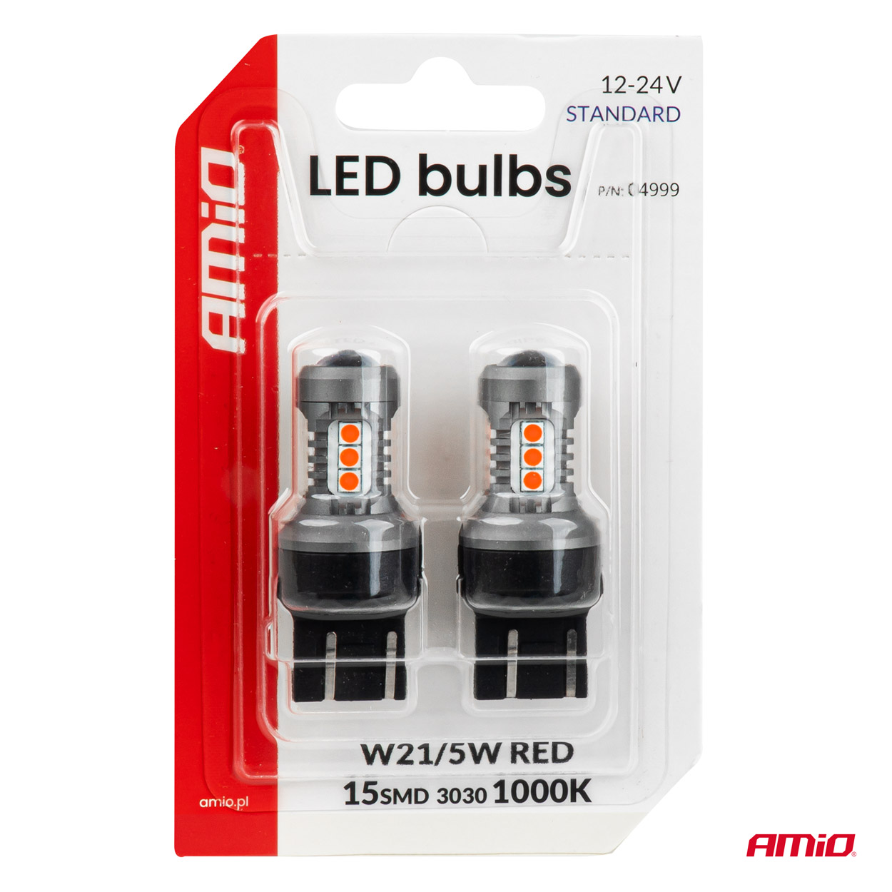 LED-polttimot STANDARD 7443 W21/5W 3030 15SMD punainen 12/24 V AMIO-04999