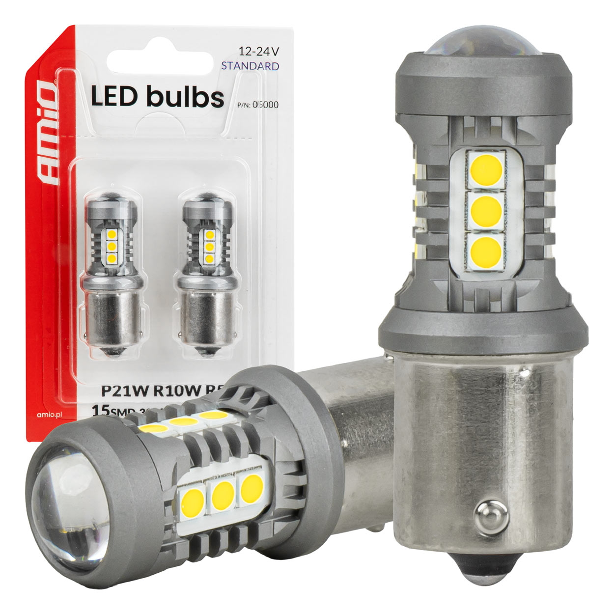 LED-polttimot STANDARD BA15S P21W 3030 15SMD valkoinen 12/24 V AMIO-05000
