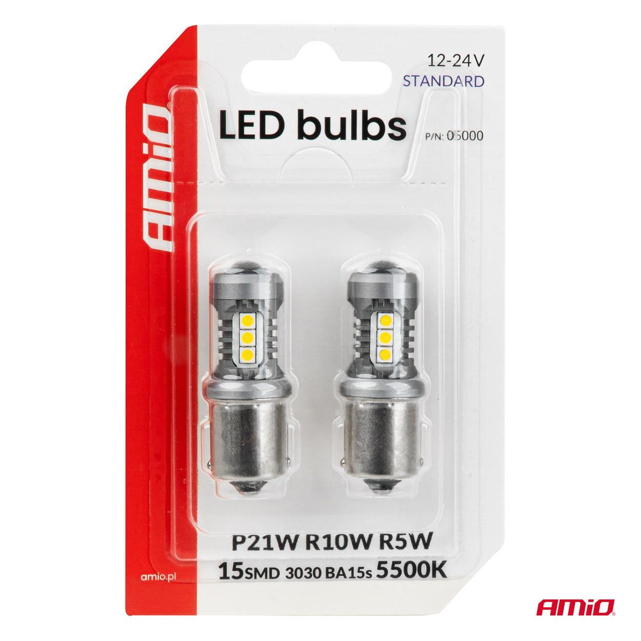 LED-polttimot STANDARD BA15S P21W 3030 15SMD valkoinen 12/24 V AMIO-05000