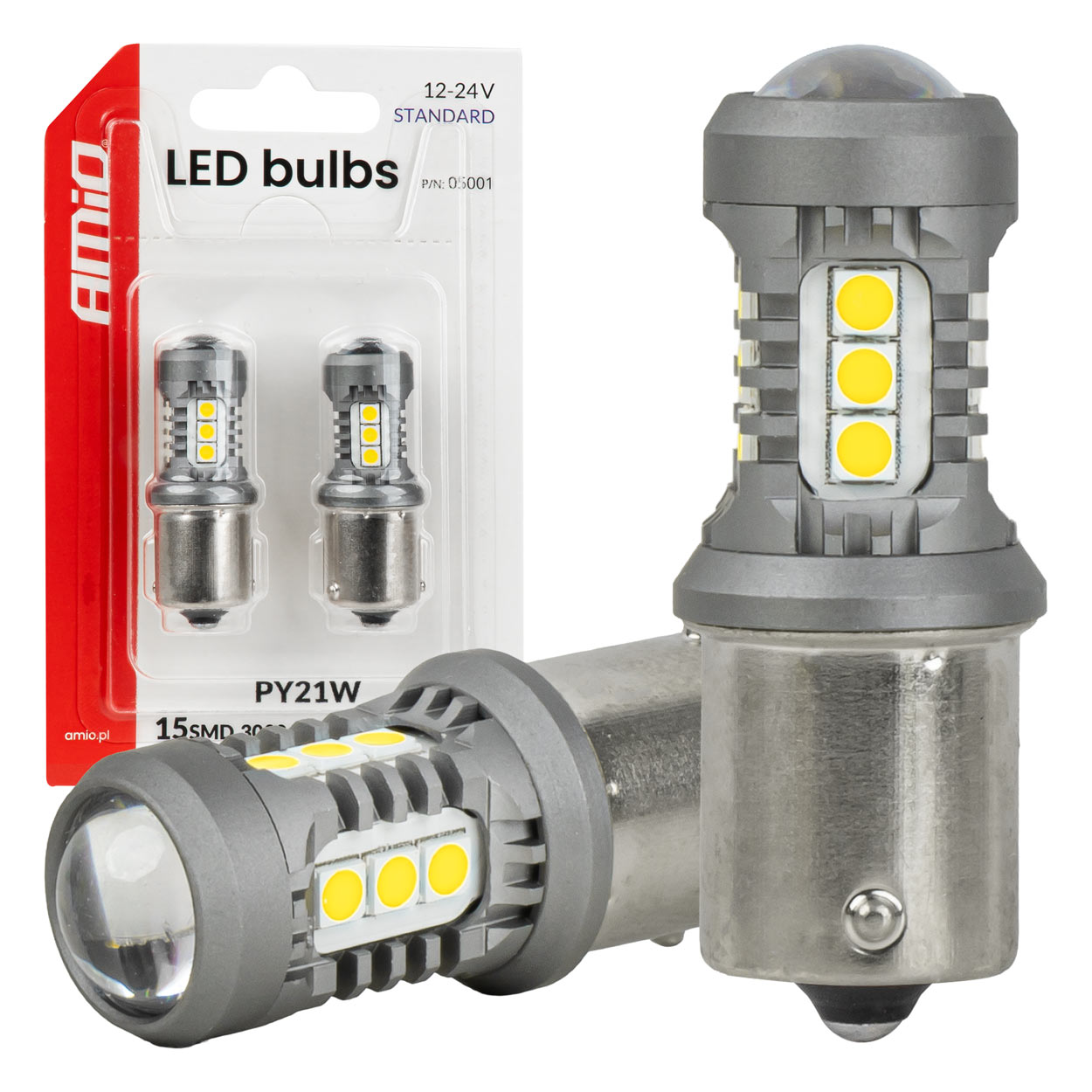 LED-polttimot STANDARD BAU15S PY21W 3030 15SMD valkoinen 12/24 V AMIO-05001