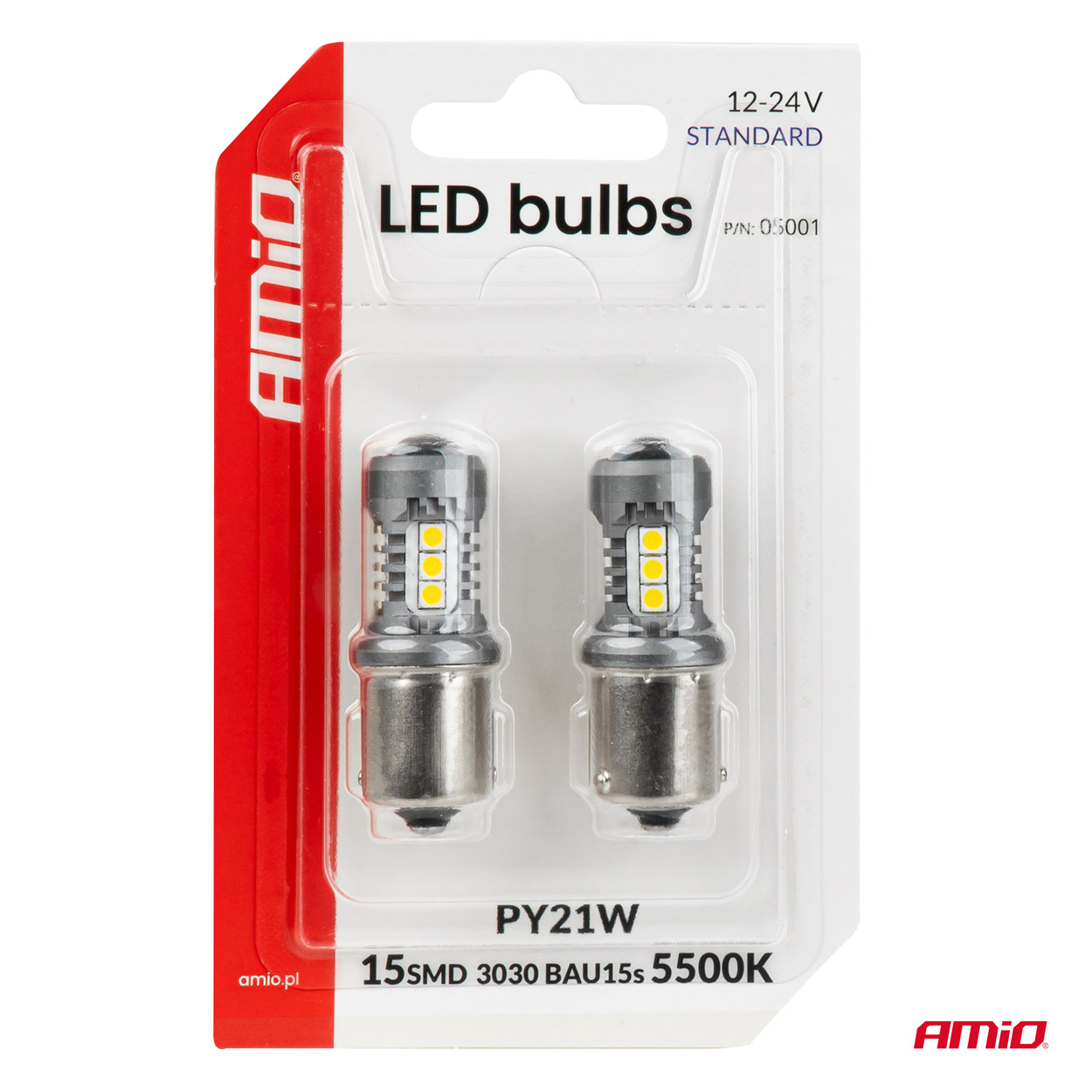 LED-polttimot STANDARD BAU15S PY21W 3030 15SMD valkoinen 12/24 V AMIO-05001