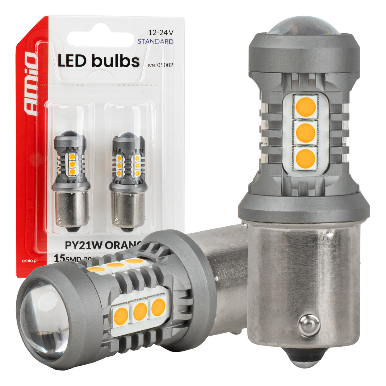 LED-polttimot STANDARD BAU15S PY21W 2x1860SMD 3030 15SMD oranssi 12/24 V AMIO-05002