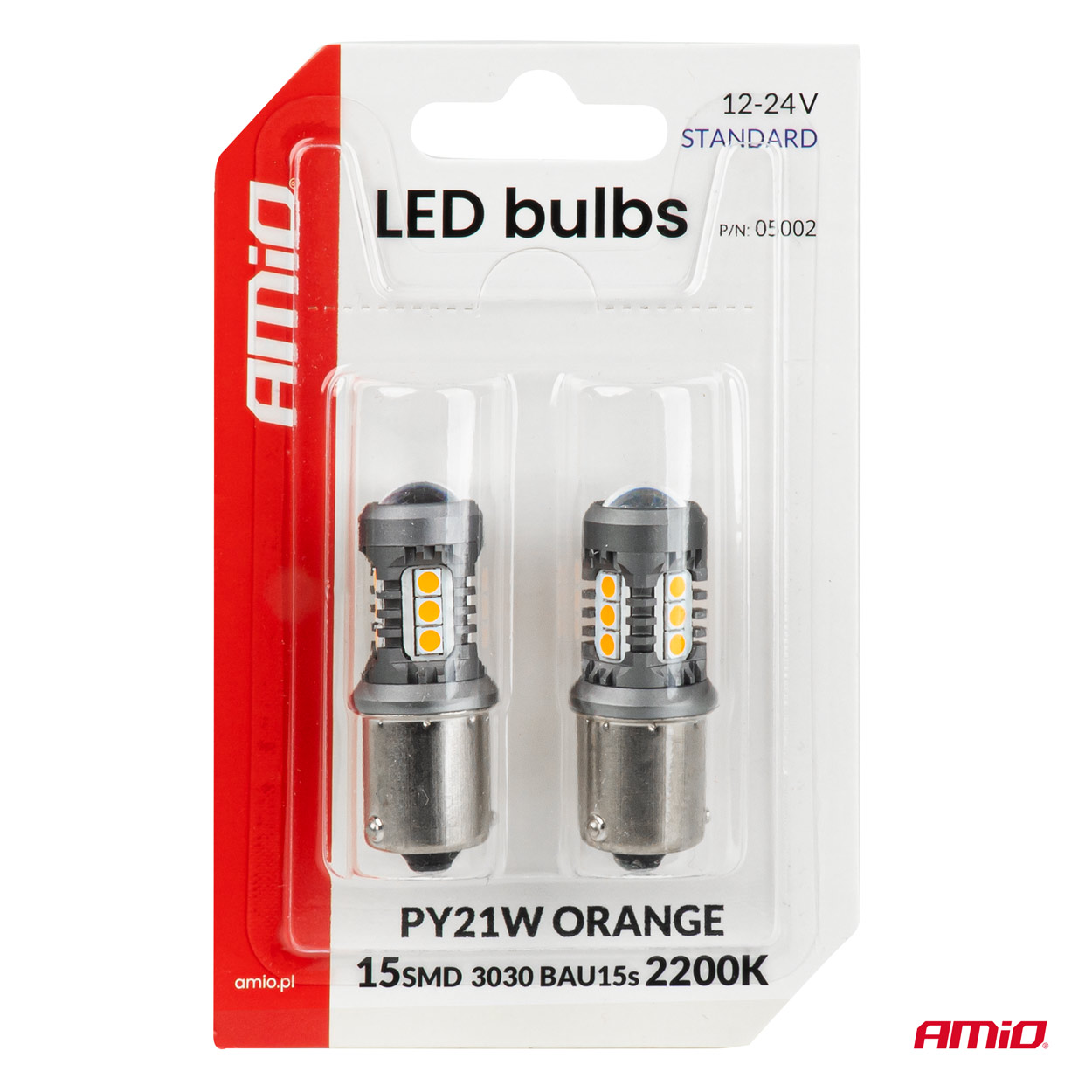 LED-polttimot STANDARD BAU15S PY21W 2x1860SMD 3030 15SMD oranssi 12/24 V AMIO-05002