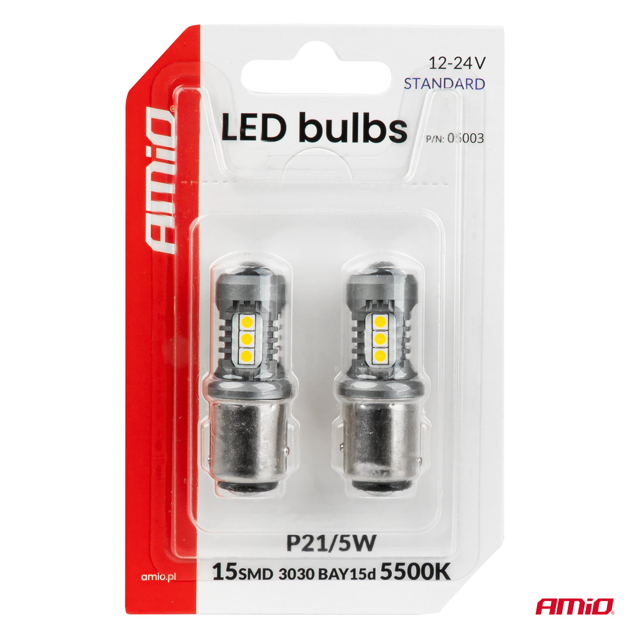 LED-polttimot STANDARD BAY15D P21/5W 3030 15SMD valkoinen 12/24 V AMIO-05003