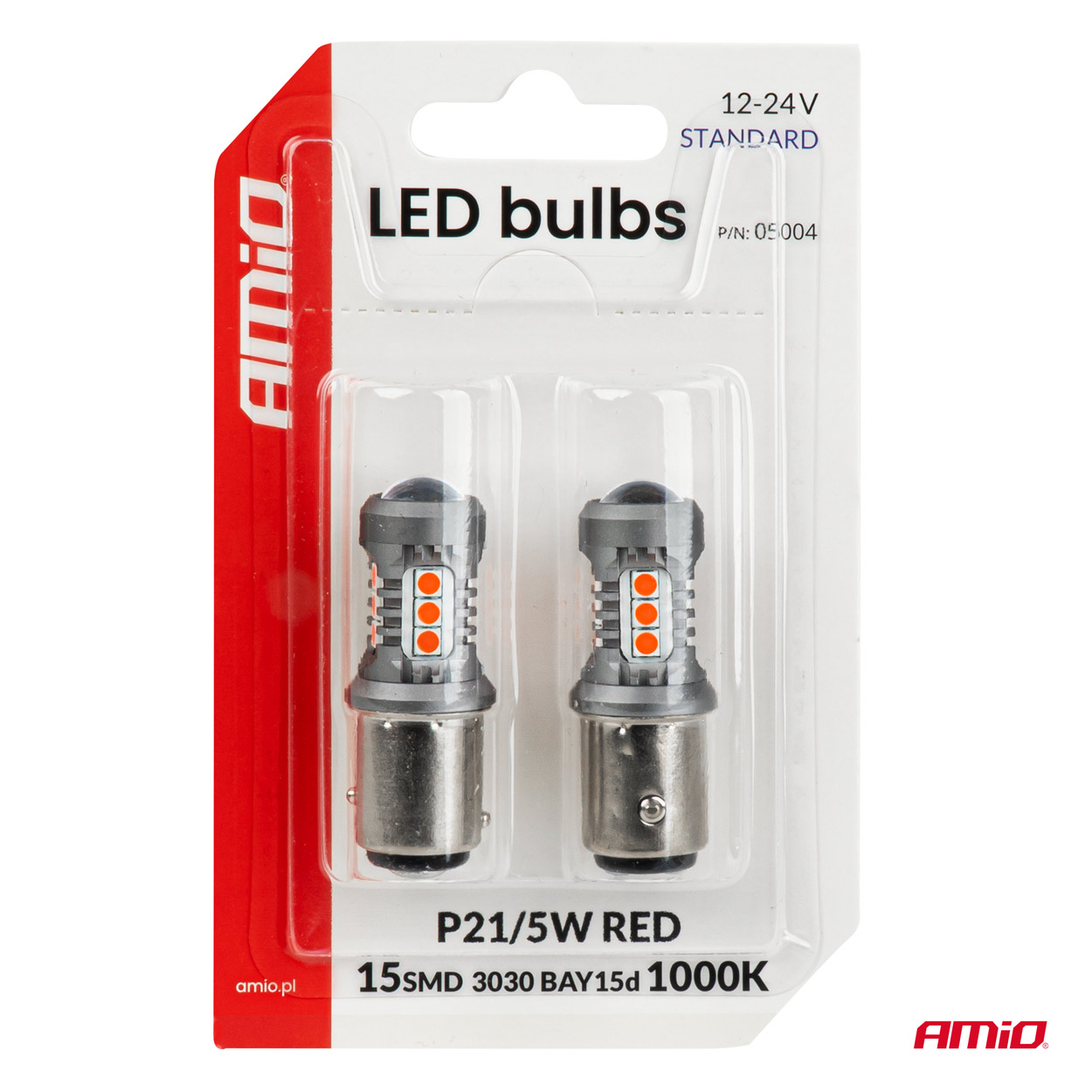 LED-polttimot STANDARD BAY15D P21/5W 3030 15SMD punainen 12/24 V AMIO-05004