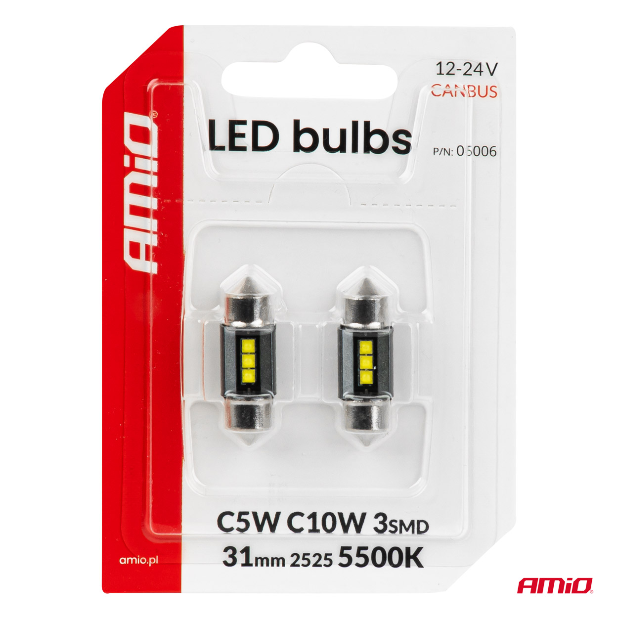 LED-polttimot CANBUS 31 mm 2525 3SMD valkoinen 12/24 V AMIO-05006