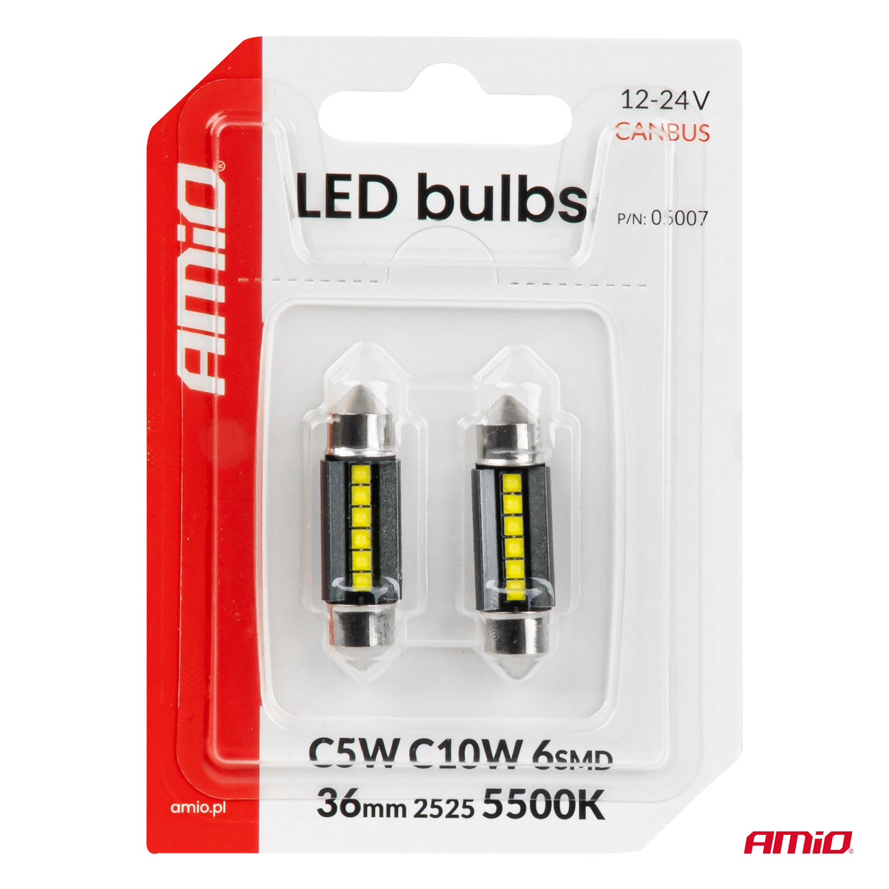 LED-polttimot CANBUS 36 mm 2525 6SMD valkoinen 12/24 V AMIO-05007