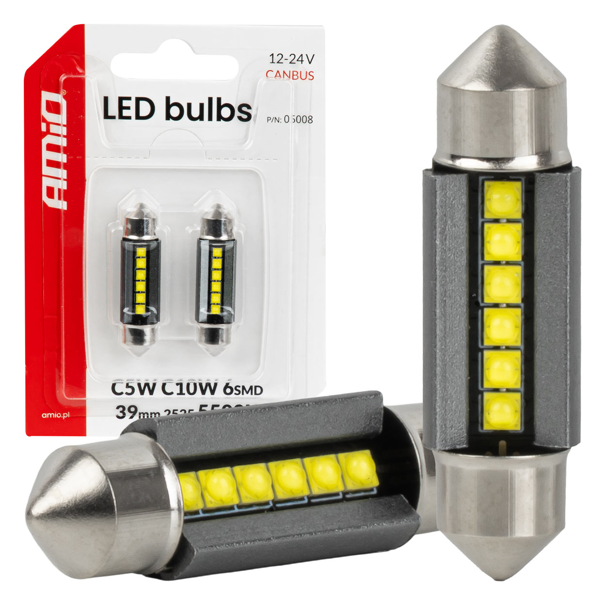 LED-polttimot CANBUS 39 mm 2525 6SMD valkoinen 12/24 V AMIO-05008