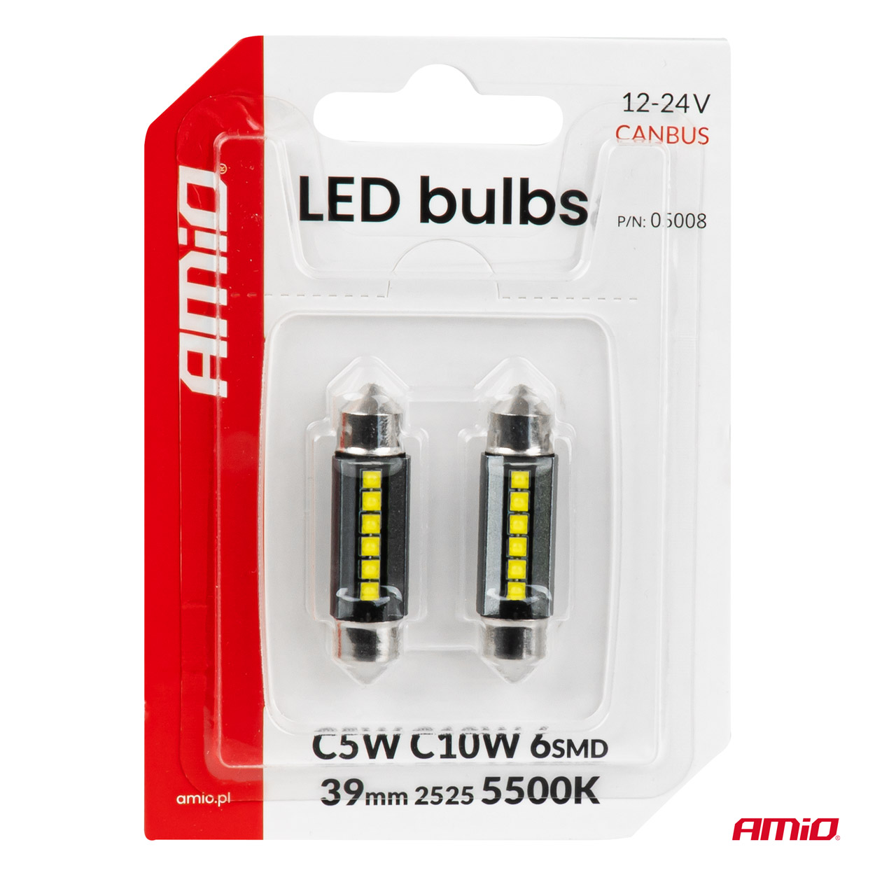 LED-polttimot CANBUS 39 mm 2525 6SMD valkoinen 12/24 V AMIO-05008