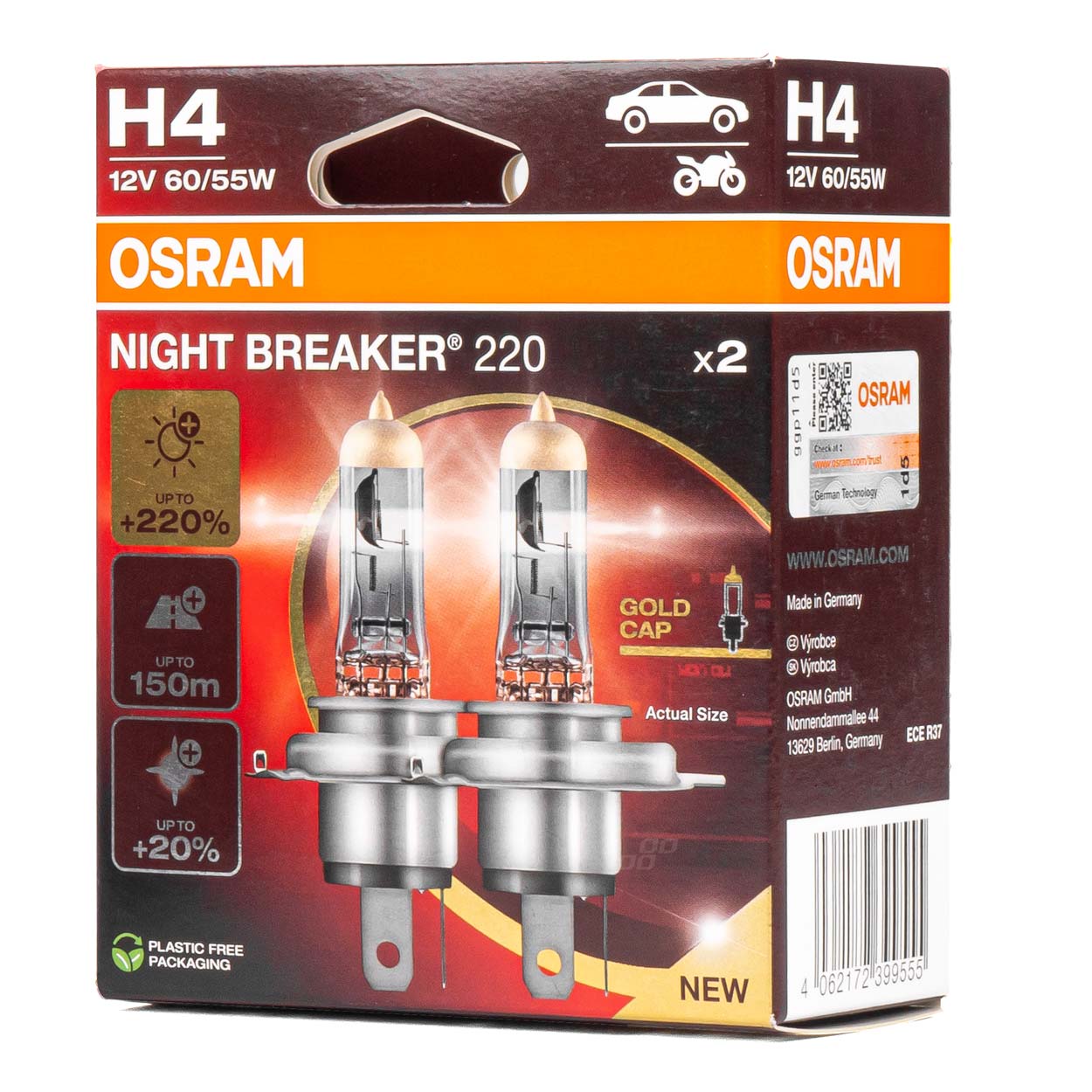 Halogeenipolttimo OSRAM H4 12V 60/55W P43T Night Breaker 200, 2 kpl